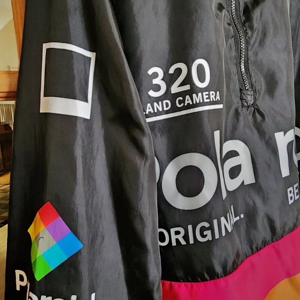 Polaroid Windbreaker Hooded Pullover 1/4 Zip Jacket Black Rainbow Size XL - Picture 2 of 5